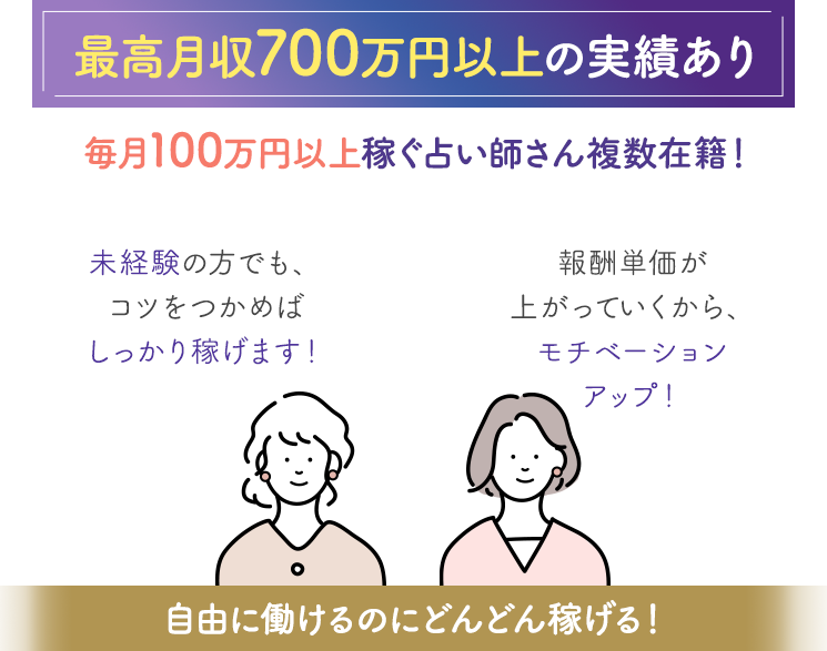 最高月収700万円以上の実績あり。毎月100万円以上稼ぐ占い師さん複数在籍！